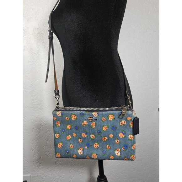 Coach Layla Shoulder Bag in Denim with Floral Print and Leather M1681-F57549 - Picture 1 of 9